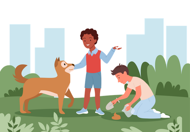 Niño recogiendo excremento de mascota del parque  Ilustración