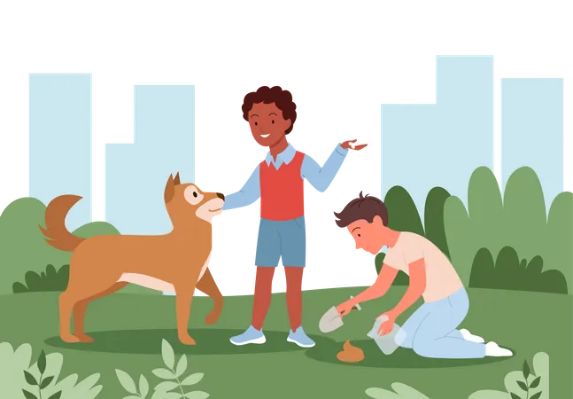 Niño recogiendo excremento de mascota del parque  Ilustración