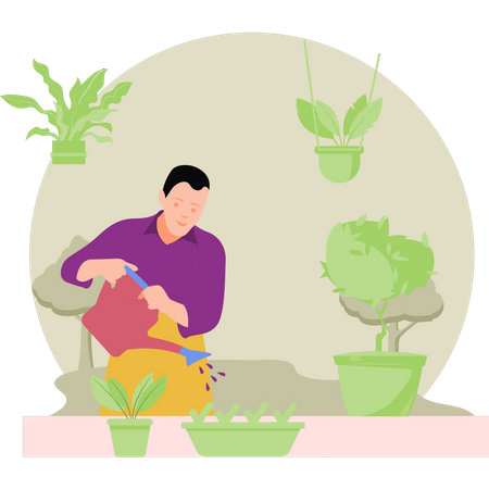 Niño regando las plantas  Ilustración