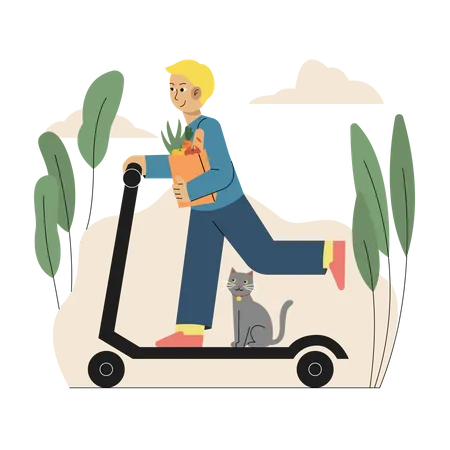 Niño regresando a casa después de hacer compras en un scooter  Ilustración