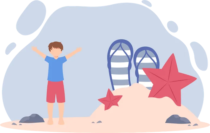 Niño relajándose en la playa  Ilustración