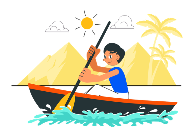 Niño remando en un bote en el lago  Ilustración