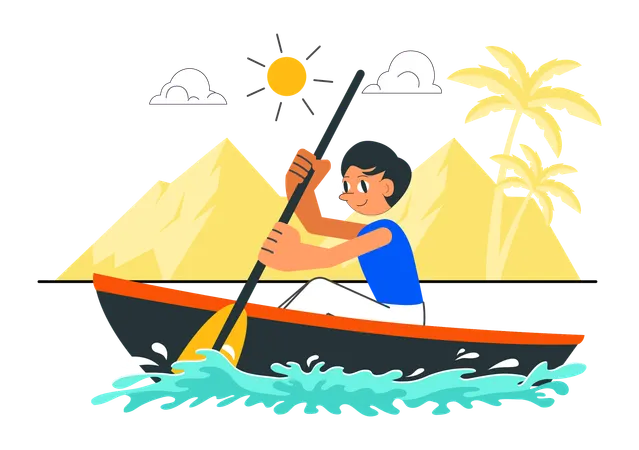 Niño remando en un bote en el lago  Ilustración
