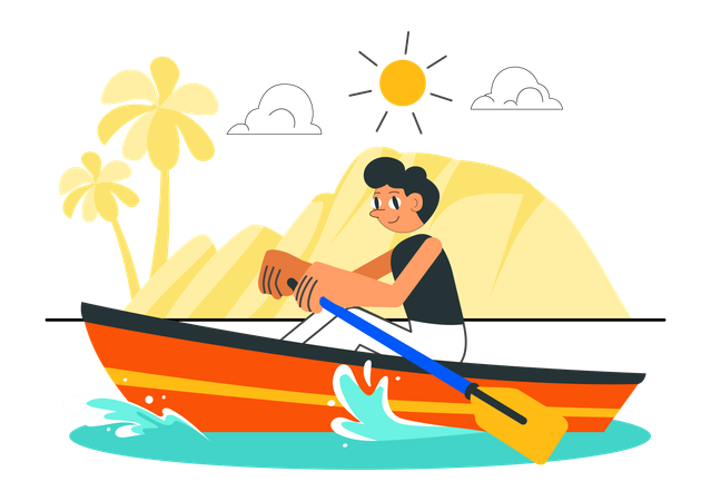 Niño remando en un bote en el lago  Ilustración