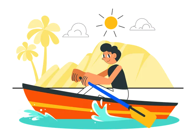 Niño remando en un bote en el lago  Ilustración