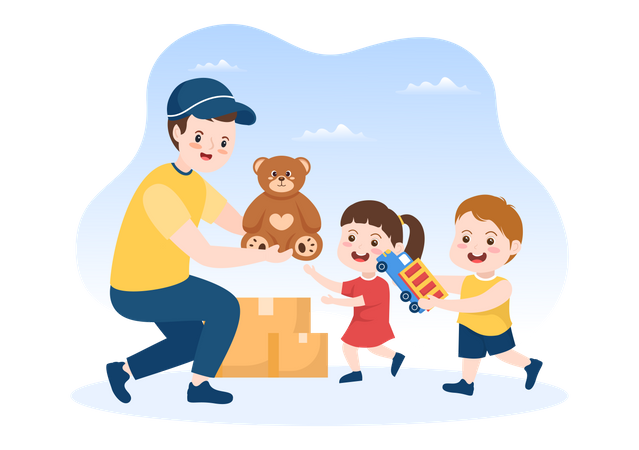 Niño distribuyendo juguetes a los niños.  Ilustración