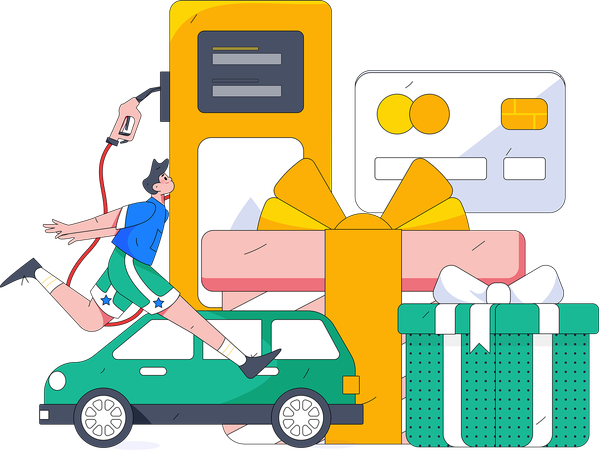 Niño reabasteciendo el coche en la gasolinera  Ilustración