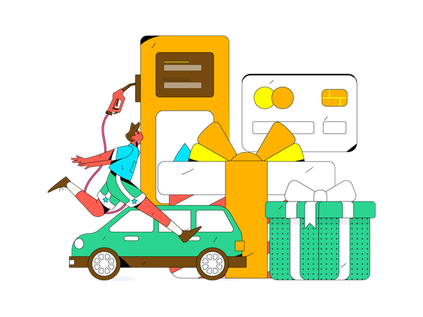 Niño reabasteciendo el coche en la gasolinera  Ilustración