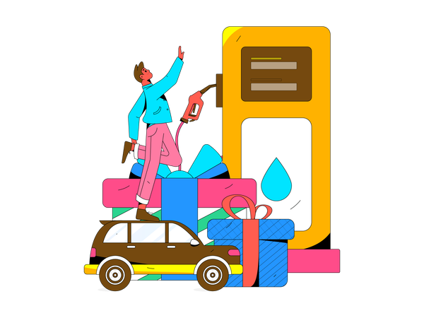 Niño reabasteciendo el coche en la gasolinera  Ilustración