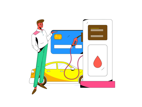 Niño reabasteciendo el coche en la gasolinera  Ilustración