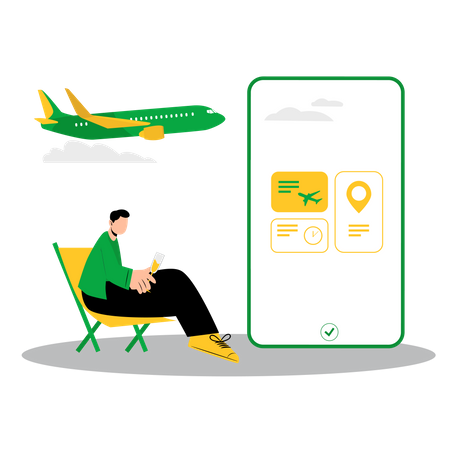 Niño reservando un billete de avión mediante una aplicación móvil  Ilustración