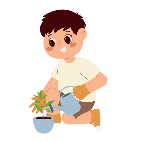 Niño regando planta  Ilustración