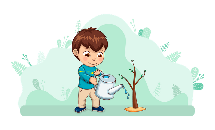 Niño regando planta  Ilustración