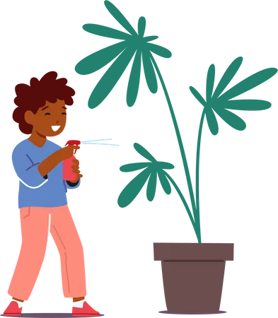 Niño rociando agua en plantas de interior  Ilustración