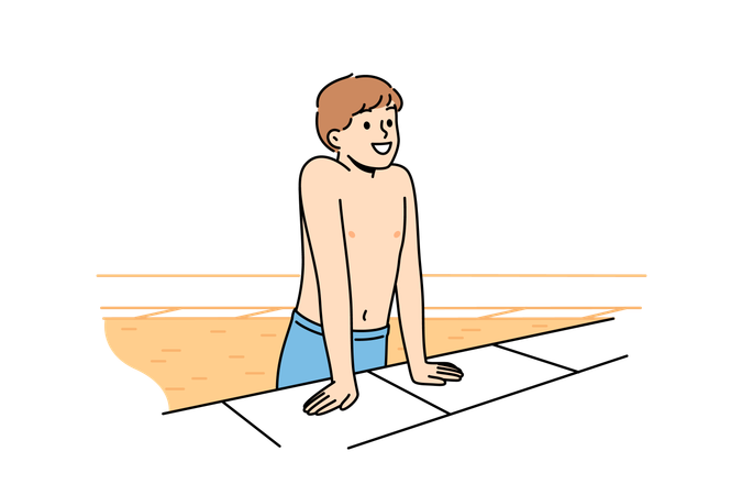 Niño sale de la piscina y sonríe después de nadar en el agua y se regocija al visitar el parque acuático.  Ilustración
