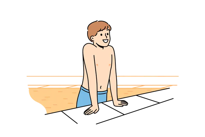 Niño sale de la piscina y sonríe después de nadar en el agua y se regocija al visitar el parque acuático.  Ilustración