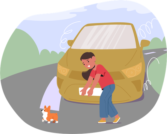 Niño salva a un perro pequeño de un auto que se aproxima mientras cruza la calle  Ilustración