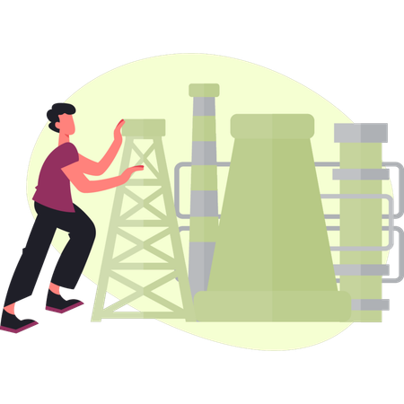 El niño señala la unidad de la fábrica de petróleo.  Ilustración