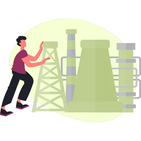 El niño señala la unidad de la fábrica de petróleo.  Ilustración