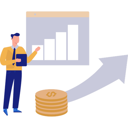 Niño apuntando al gráfico de negocios en la página web  Ilustración