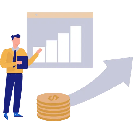 Niño apuntando al gráfico de negocios en la página web  Ilustración