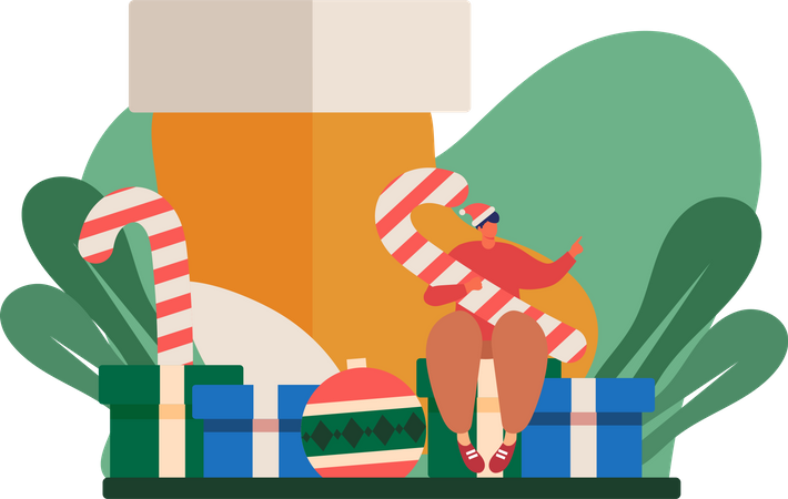 Niño sentado con dulces en Navidad  Ilustración
