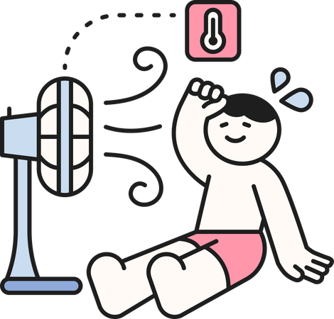 Niño sentado frente al ventilador de mesa en verano  Ilustración