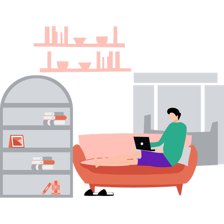 Niño sentado en el sofá trabajando en la computadora portátil  Ilustración