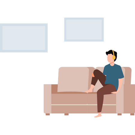 Niño sentado en el sofá con auriculares  Ilustración