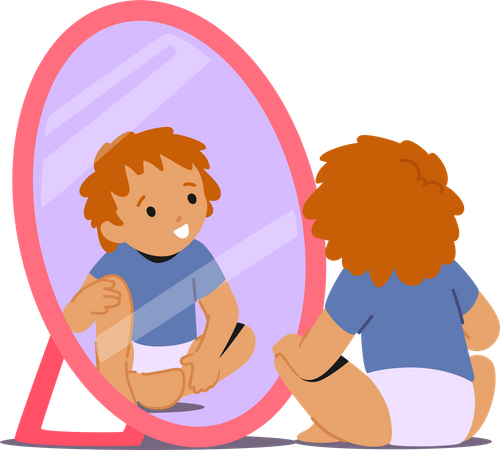 Niño sentado en el suelo mirándose en un espejo  Ilustración