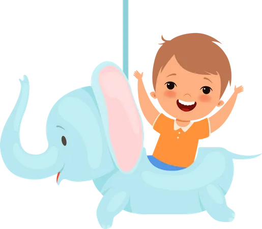 Niño sentado sobre un elefante de juguete  Ilustración