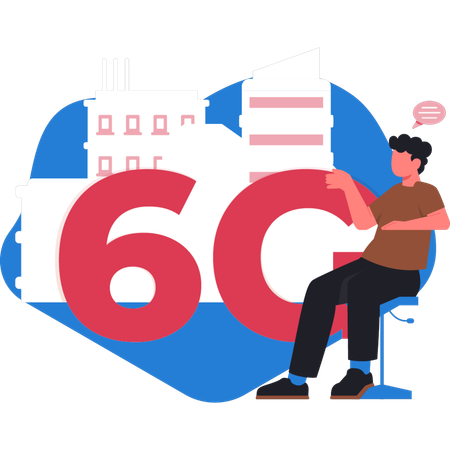 Niño sentado en silla apuntando a internet 6G  Ilustración