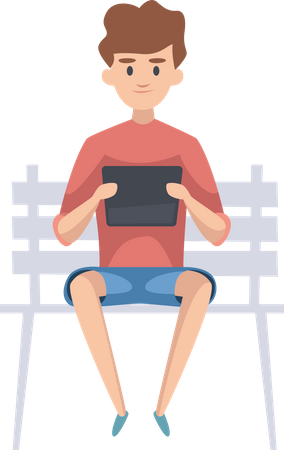 Niño sentado en un banco y usando una tableta  Ilustración