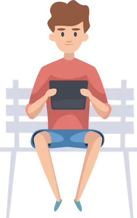 Niño sentado en un banco y usando una tableta  Ilustración