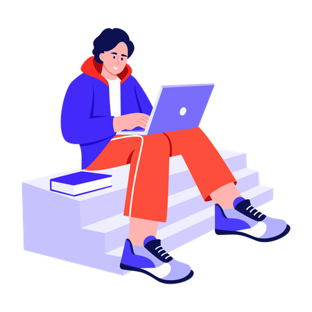 Niño sentado y usando laptop  Ilustración