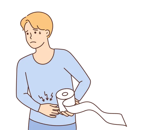 Niño con dolor de estómago y sosteniendo un rollo de papel de seda  Ilustración