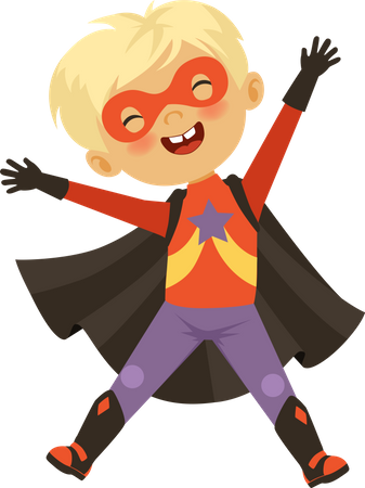 Niño sintiéndose feliz disfrazado de superhéroe  Ilustración