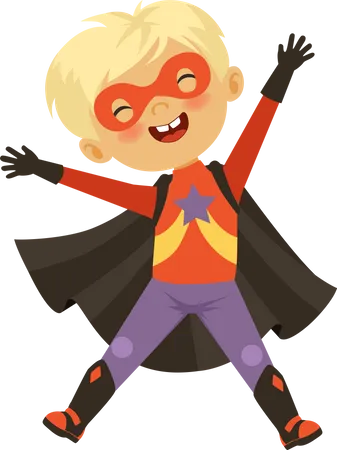 Niño sintiéndose feliz disfrazado de superhéroe  Ilustración