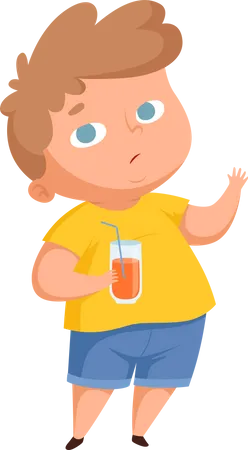 Niño con sobrepeso bebiendo bebida  Ilustración