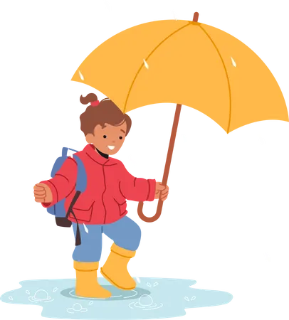 Niño sonriente alegre sosteniendo paraguas  Ilustración