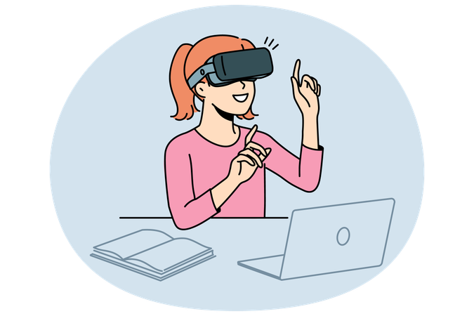 Niño sonriente estudiando con gafas de realidad virtual  Ilustración
