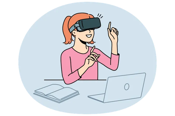 Niño sonriente estudiando con gafas de realidad virtual  Ilustración