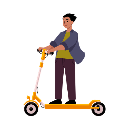 Un niño sonriente monta un patinete eléctrico  Ilustración