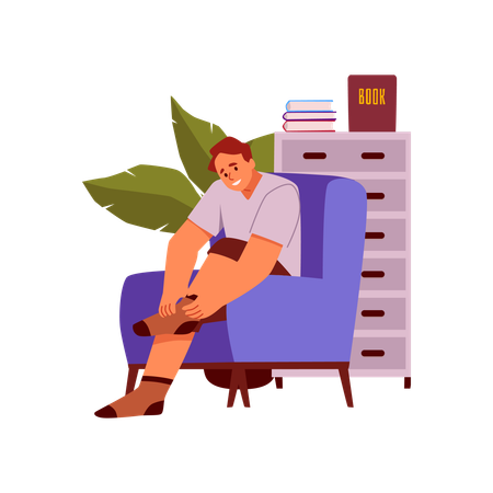 Niño sonriente sentado en una silla azul y se pone calcetines.  Ilustración