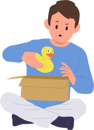 Niño sorprendido que lleva un patito de goma de juguete después de desembalar una caja de cartón  Ilustración