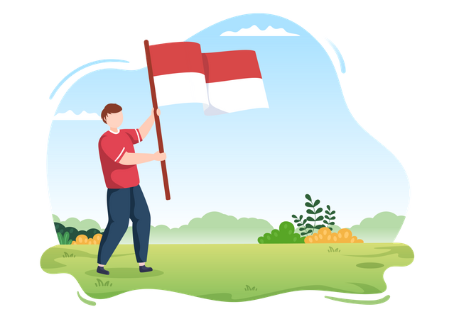 Niño sosteniendo la bandera de indonesia  Ilustración