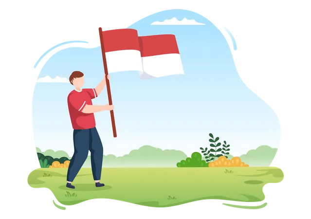 Niño sosteniendo la bandera de indonesia  Ilustración