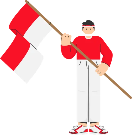 Niño sosteniendo la bandera de indonesia  Ilustración