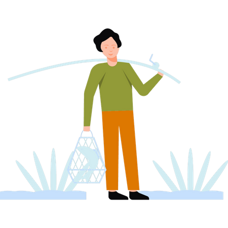 Niño sosteniendo caña de pescar y red  Ilustración