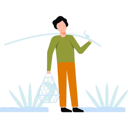 Niño sosteniendo caña de pescar y red  Ilustración